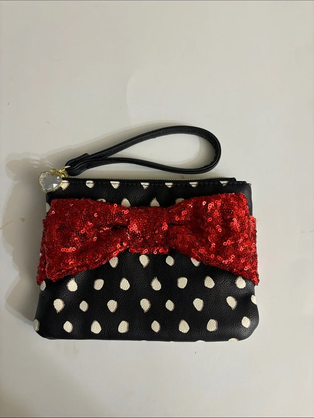 Betsey Johnson Black and White Polka Dot Wristlet with Red Sequined Bow NWOT